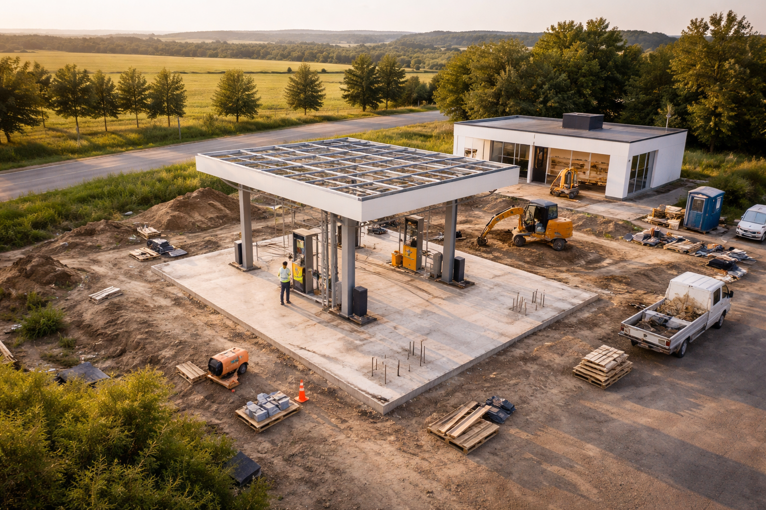 Probíhající výstavba firemní čerpací stanice — stavební divize a výstavba na klíč FuelingBest