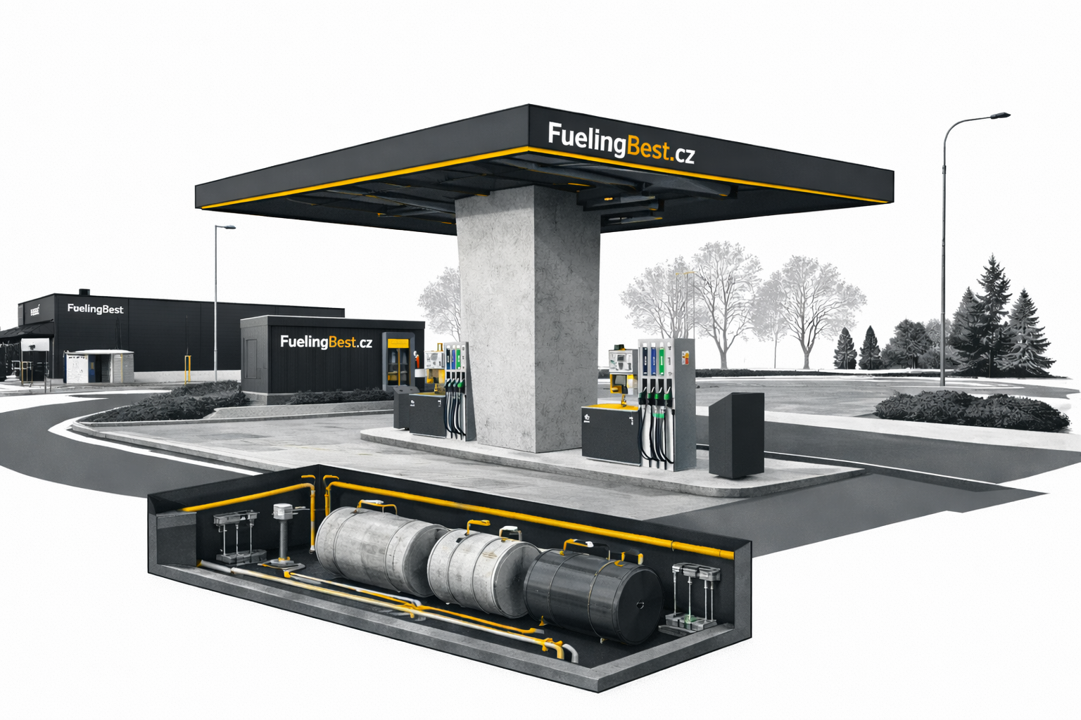 Moderní firemní čerpací stanice s nadstřešením a digitálními výdejními stojany FuelingBest