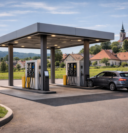 Hotová firemní čerpací stanice s výdejním stojanem a zásobní nádrží — FuelingBest