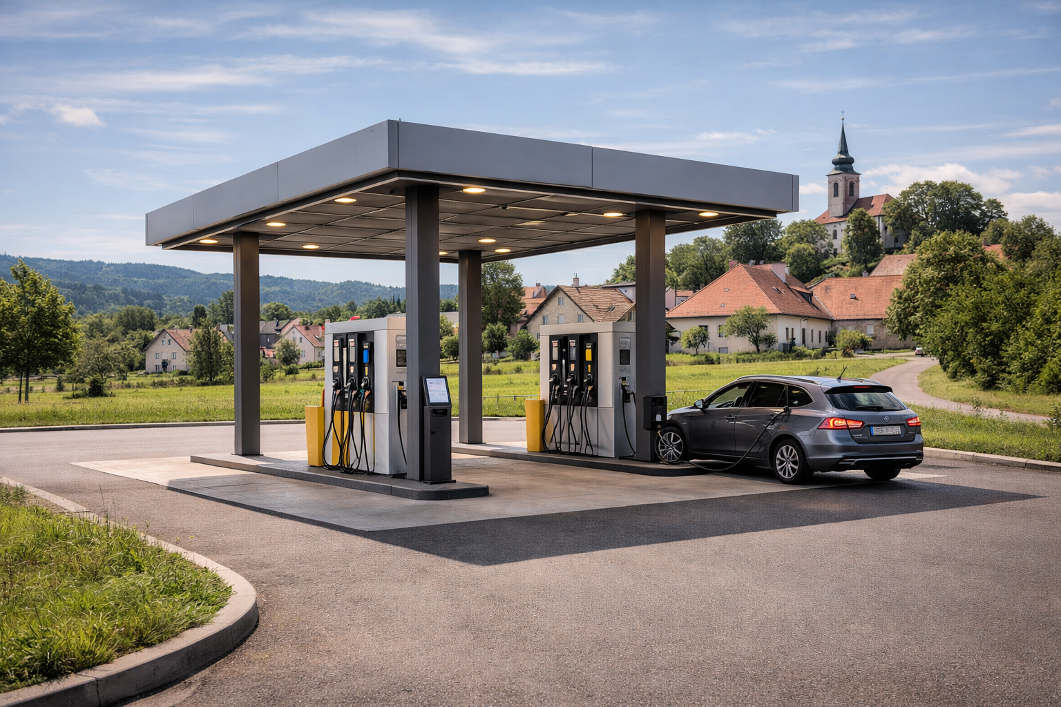 Hotová firemní čerpací stanice s výdejním stojanem a zásobní nádrží — FuelingBest