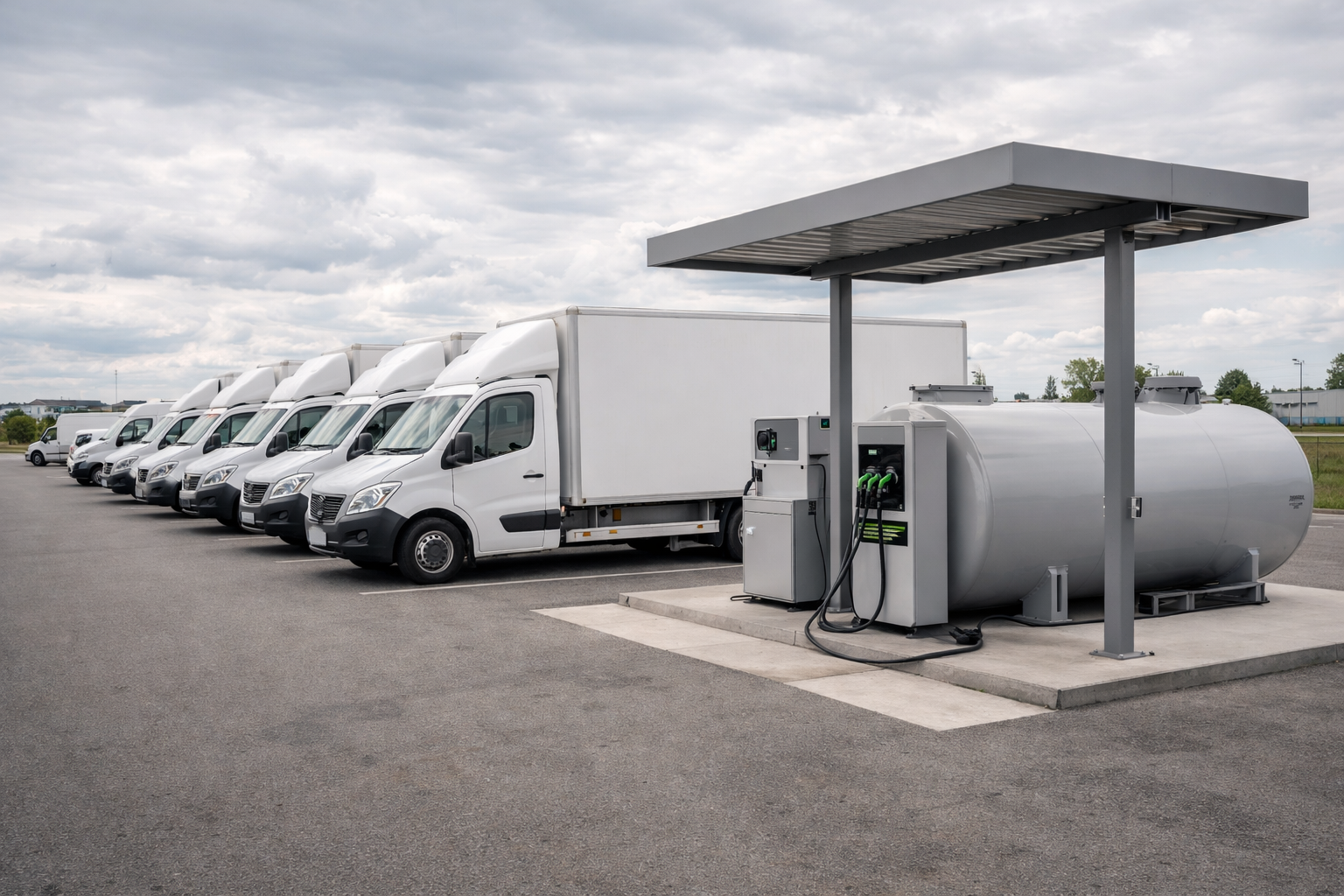 Zásobní nádrž čerpací stanice a flotila — závoz HVO100 obnovitelné nafty pro firemní logistiku