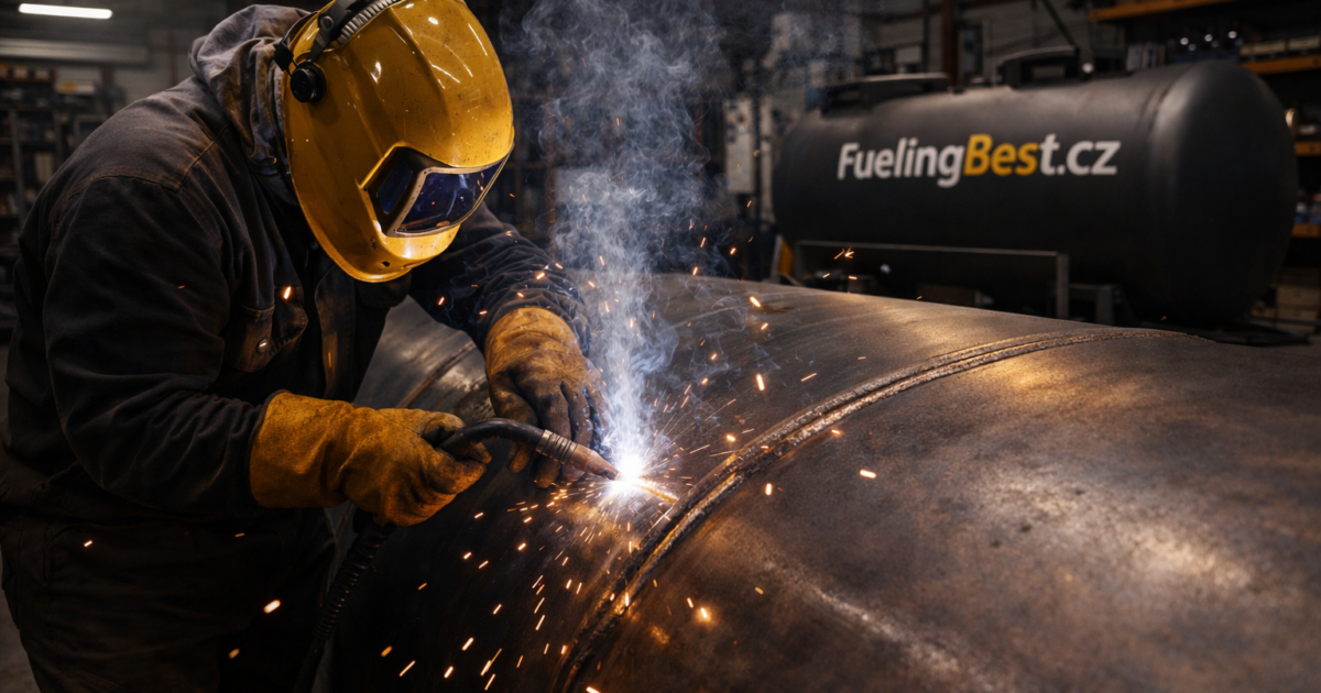 Profesionální svářeč při výrobě ocelové palivové nádrže — kovovýroba a výroba nádrží FuelingBest