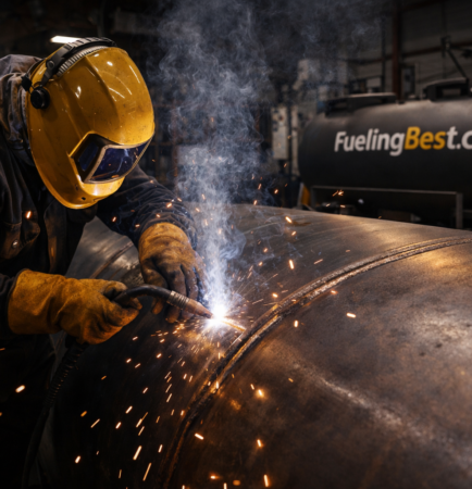 Profesionální svářeč při výrobě ocelové palivové nádrže — kovovýroba a výroba nádrží FuelingBest