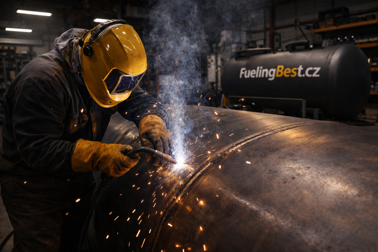 Profesionální svářeč při výrobě ocelové palivové nádrže — kovovýroba a výroba nádrží FuelingBest