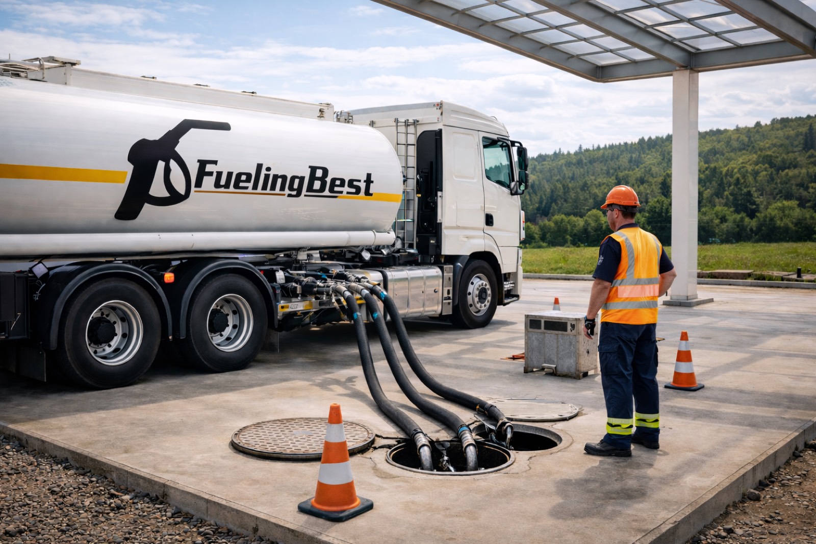 Cisternový nákladní automobil zásobující firemní čerpací stanici pohonnými hmotami